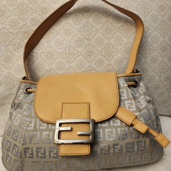 FENDI Zucchino Pattern Drawstring Handbag Purse Gray Canvas Leather - Picture 2 of 13